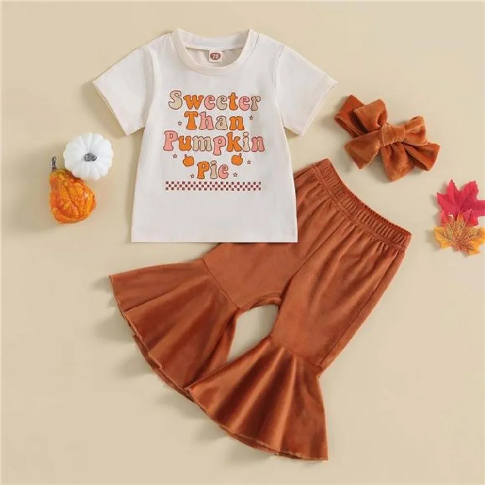 Baby Girl Fall Halloween Outfit Pumpkin Printed Sweatshirt Tops Flare‎ Pants Set